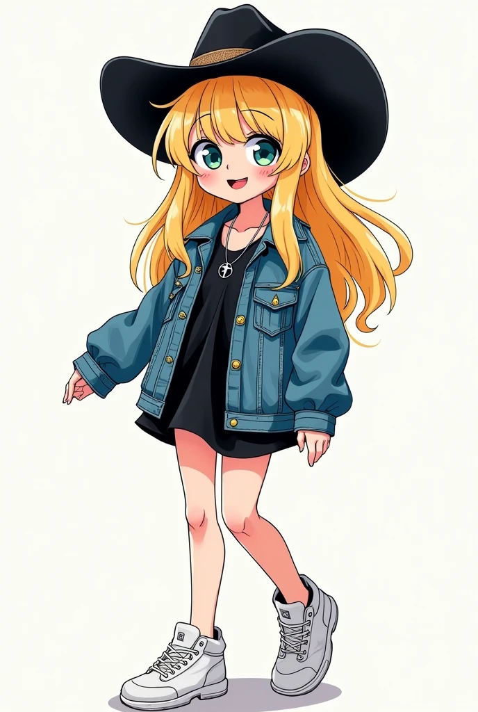 a stylized handdrawn manga charcater design style illustration, black lineart ink and copic markers, cool girl with blonde hair and fringe wearing a black cowboy hat and a blue jeansjacket, black short dress, white sneakers, happ, cowboy witchy pose --ar 2:3 --niji 6