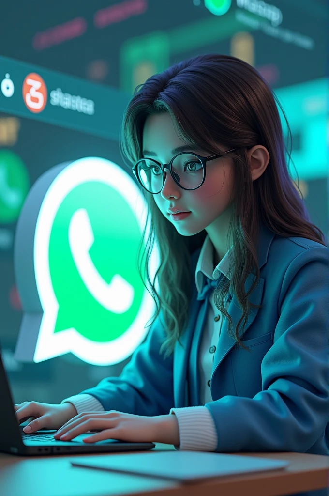 Create a 3D illustration featuring a realistic 18 year-old beautiful young girl busy to writing a coding on a chair in front of a 3d logo of WhatsApp.' The character should have blue and white pant coat tie ,with Sneakers shoes, with glasses,The background of the image should showcase a social media profile page and the username "SHAISTA TRENDING" and a matching profile picture and modify it