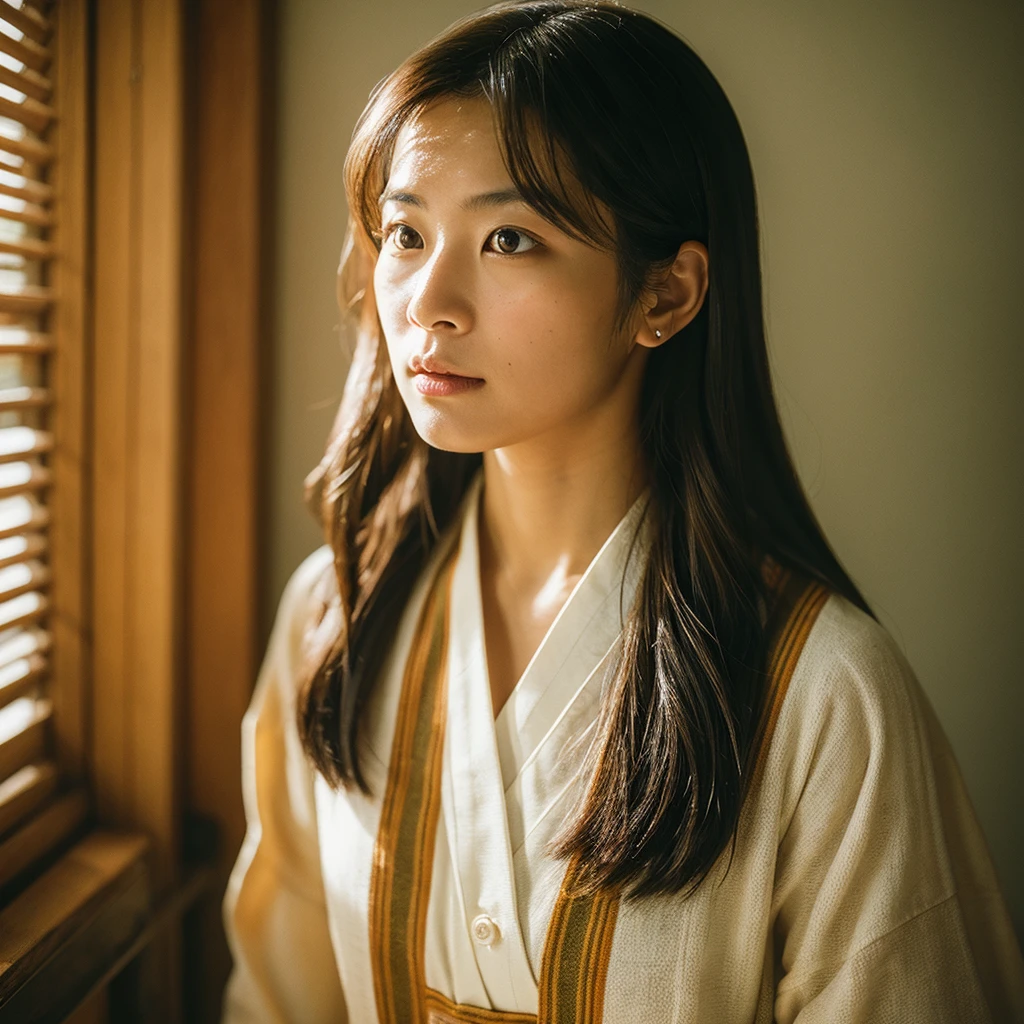 A hyper-realistic image of a single Japanese woman in her early 20s, captured with the nostalgic warmth and subtle graininess of a film camera. She is dressed in a traditional Japanese yukata, with delicate patterns that reflect the simplicity and elegance of the garment. Her skin has a warm beige tone with a natural, slightly rough texture that includes visible pores, fine lines, and subtle imperfections such as small blemishes, adding to the authenticity of her appearance. The soft, diffused natural light enhances the film-like quality, casting gentle shadows that create a timeless, organic feel. Her straight, glossy black hair is styled to complement the traditional yukata, framing her face naturally, and her deep brown eyes reflect the ambient light, adding depth and emotion. The film camera effect introduces a slight grain and a softer focus, giving the image a warm, nostalgic atmosphere while maintaining the realistic texture of her skin. The overall composition is designed to evoke a sense of genuine, understated elegance, with the combination of the traditional yukata, natural light, and film-like qualities ensuring that this image captures the imperfections that make her beauty truly lifelike, focusing solely on this one individual.