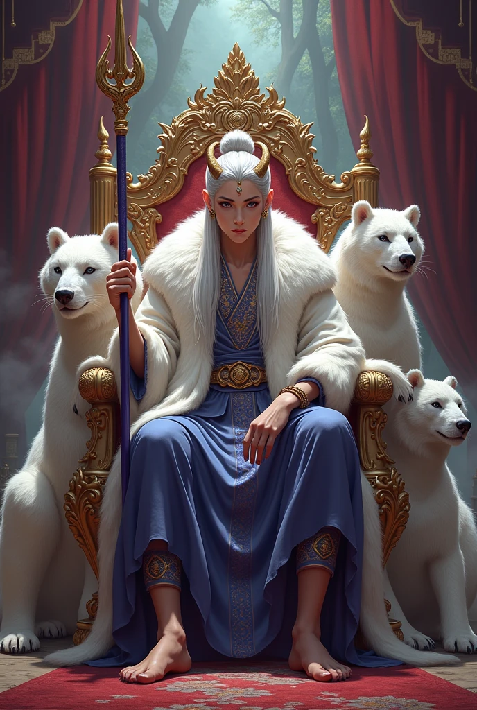 Handsome young man between 18 and ,long silver hair tied in a bun with amethyst eyes wearing a beautiful outfit made from white bear fur, tigers, a crown of horns above his head slightly resembling the sun, surrounded by beautiful concubines. Sitting on a throne with a spear over his shoulder that has a curved scythe below the tip