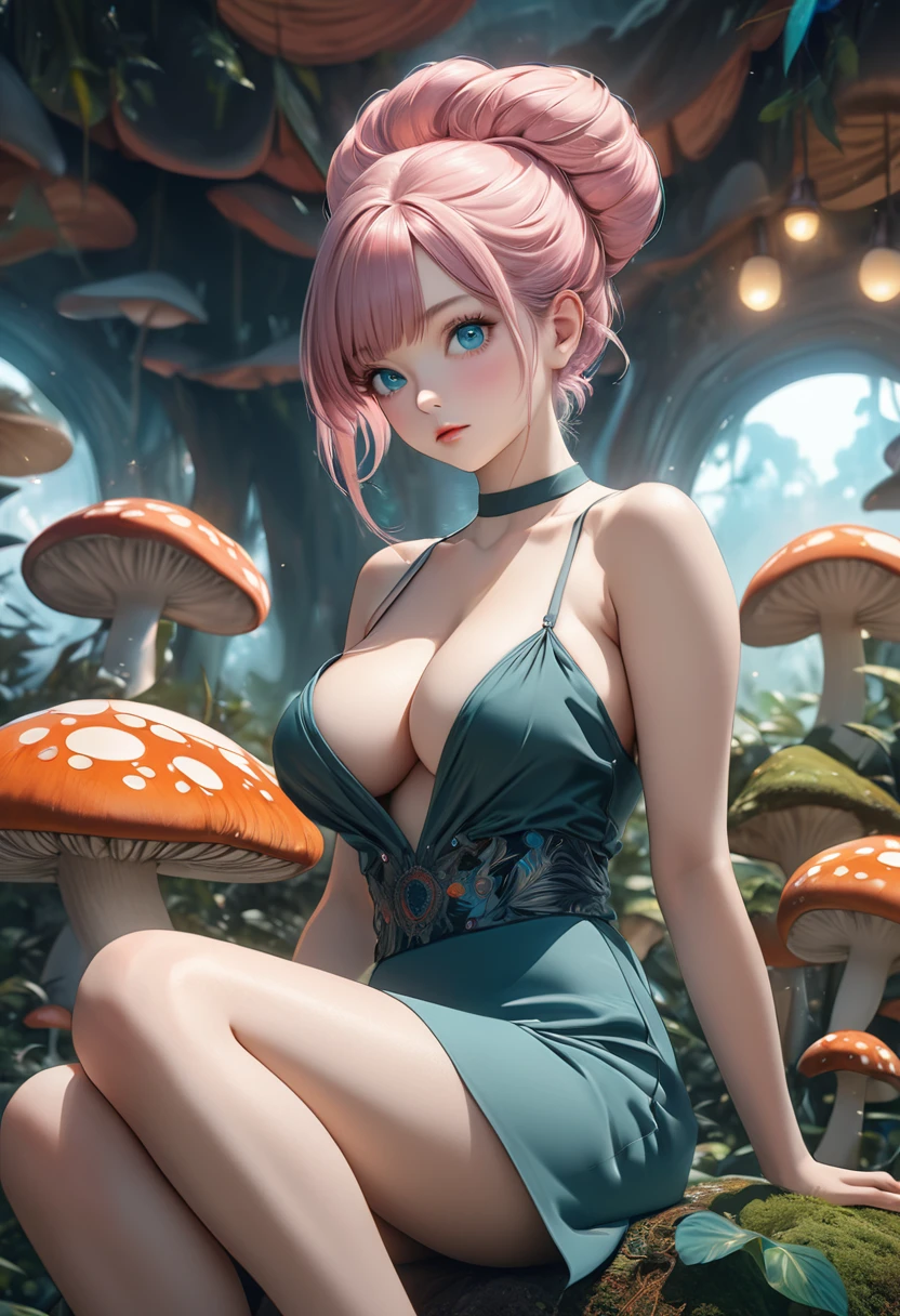 1girl,beautiful 18 year old girl,pink hair in a bun, aqua eyes, bare shoulders,sitting on a giant mushroom,elegant,chic,modern,fashionable,muted colors,soft lighting,art nouveau,psychedelic anime style,colorful,trippy,(best quality,4k,8k,highres,masterpiece:1.2),ultra-detailed,(realistic,photorealistic,photo-realistic:1.37),HDR,UHD,studio lighting,ultra-fine painting,sharp focus,physically-based rendering,extreme detail description,professional,vivid colors,bokeh, portrait, straight on, large breasts, cleavage,
