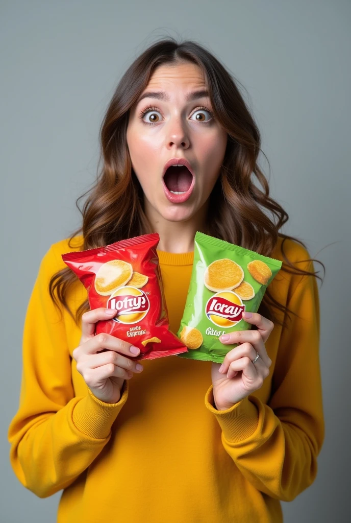 Create a realistic photograph of a 22-year-old girl with an open mouth and a shocked expression. She should be holding a packet of chips in each hand, clearly displaying the packaging. Her facial expression should convey genuine surprise, with wide eyes and raised eyebrows. The background must be neutral to keep the focus on her and the chips packets.
by Priyanka-Graphic Designer