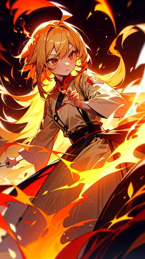 One person, bangs, breathing fire, combustion, Burnt clothes, 残りfire, Ahoge, Beige Hair, Multicolored Hair, fire, inflammation, inflammationの剣, (Put your hand on the handle), Are standing, Long Hair,  Pyrokinesis, Expressionless, cigarette, flower(symbol),  alone, fireflower, sunset, Twilight, white flower, lava, Yuri (flower),  fiery flower, Depth of written boundary, combustion , Ultra-realistic 
