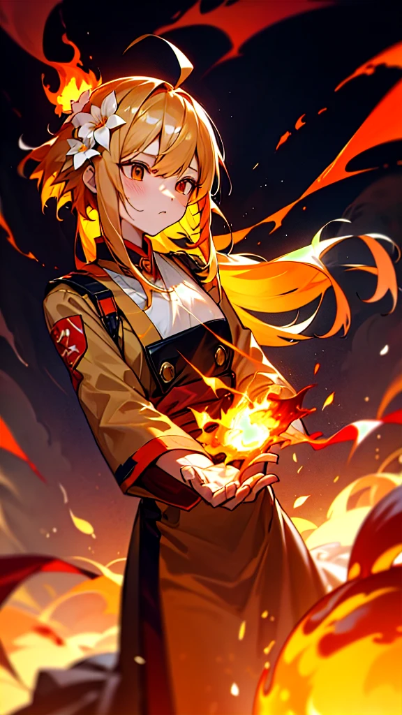 One person, bangs, breathing fire, combustion, Burnt clothes, 残りfire, Ahoge, Beige Hair, Multicolored Hair, fire, inflammation, inflammationの剣, (Put your hand on the handle), Are standing, Long Hair, Pyrokinesis, Expressionless, cigarette, flower(symbol), alone, fireflower, sunset, Twilight, white flower, lava, Yuri (flower), fiery flower, Depth of written boundary, combustion , Ultra-realistic