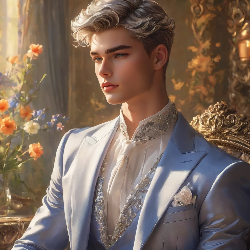 In this breathtaking artwork, miniature doll-sized male models, inspired by the iconic supermodels Sean O’Pry and Lucky Blue Smith, take center stage in a vibrant scene reminiscent of a Ken doll fantasy. With jointed doll features and porcelain-like skin, these charming figures boast an irresistible blend of sophistication and natural beauty.
Sporting short silver-gray undercut hairstyles, Wearing small white embroidery-detailed thong, he has toned chest and abs and he exudes sophistication and elegance against the backdrop of a luxury bedroom. The room is adorned with 1915 Oriental theme, surrounded by luxury exotic furniture, velvet drape curtains, and colorful wildflowers, creating a vibrant and enchanting atmosphere.
Captured from a dynamic angle, over shoulder look photo showcases the models amidst the meticulously arranged Employing three-point lighting and incorporating 3D animation shadows, the photographer enhances the models' features, resulting in an image of unparalleled realism and detail.
using a Canon EOS R6 and Sigma AF 24mm F1.4 EX DG HSM lens by Thomas Synnamon, the focus of the photo is on his captivating presence and the intricate details of the surroundings, Utilize natural soft lighting, casting gentle highlights and shadows that accentuate the contours of his face and body, The light creates a warm intimate atmosphere with a soft golden tone that enhances his skin,
With its dramatic composition and seductive lighting, this masterpiece invites viewers to immerse themselves in a world of charm and sophistication. It celebrates the beauty of the male form while capturing the essence of a fun-filled day, where joy and relaxation abound.