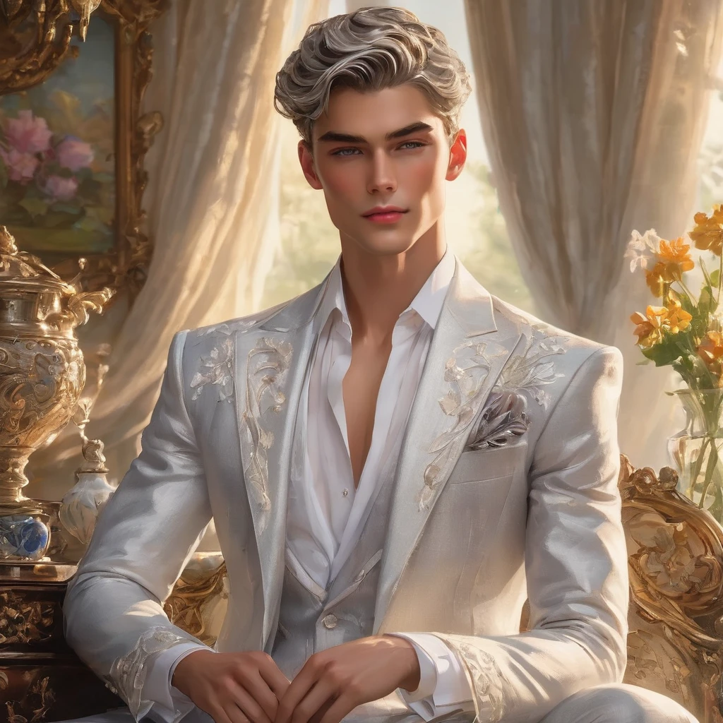 In this breathtaking artwork, miniature doll-sized male models, inspired by the iconic supermodels Sean O’Pry and Lucky Blue Smith, take center stage in a vibrant scene reminiscent of a Ken doll fantasy. With jointed doll features and porcelain-like skin, these charming figures boast an irresistible blend of sophistication and natural beauty.
Sporting short silver-gray undercut hairstyles, Wearing small white embroidery-detailed thong, he has toned chest and abs and he exudes sophistication and elegance against the backdrop of a luxury bedroom. The room is adorned with 1915 Oriental theme, surrounded by luxury exotic furniture, velvet drape curtains, and colorful wildflowers, creating a vibrant and enchanting atmosphere.
Captured from a dynamic angle, over shoulder look photo showcases the models amidst the meticulously arranged Employing three-point lighting and incorporating 3D animation shadows, the photographer enhances the models' features, resulting in an image of unparalleled realism and detail.
using a Canon EOS R6 and Sigma AF 24mm F1.4 EX DG HSM lens by Thomas Synnamon, the focus of the photo is on his captivating presence and the intricate details of the surroundings, Utilize natural soft lighting, casting gentle highlights and shadows that accentuate the contours of his face and body, The light creates a warm intimate atmosphere with a soft golden tone that enhances his skin,
With its dramatic composition and seductive lighting, this masterpiece invites viewers to immerse themselves in a world of charm and sophistication. It celebrates the beauty of the male form while capturing the essence of a fun-filled day, where joy and relaxation abound.