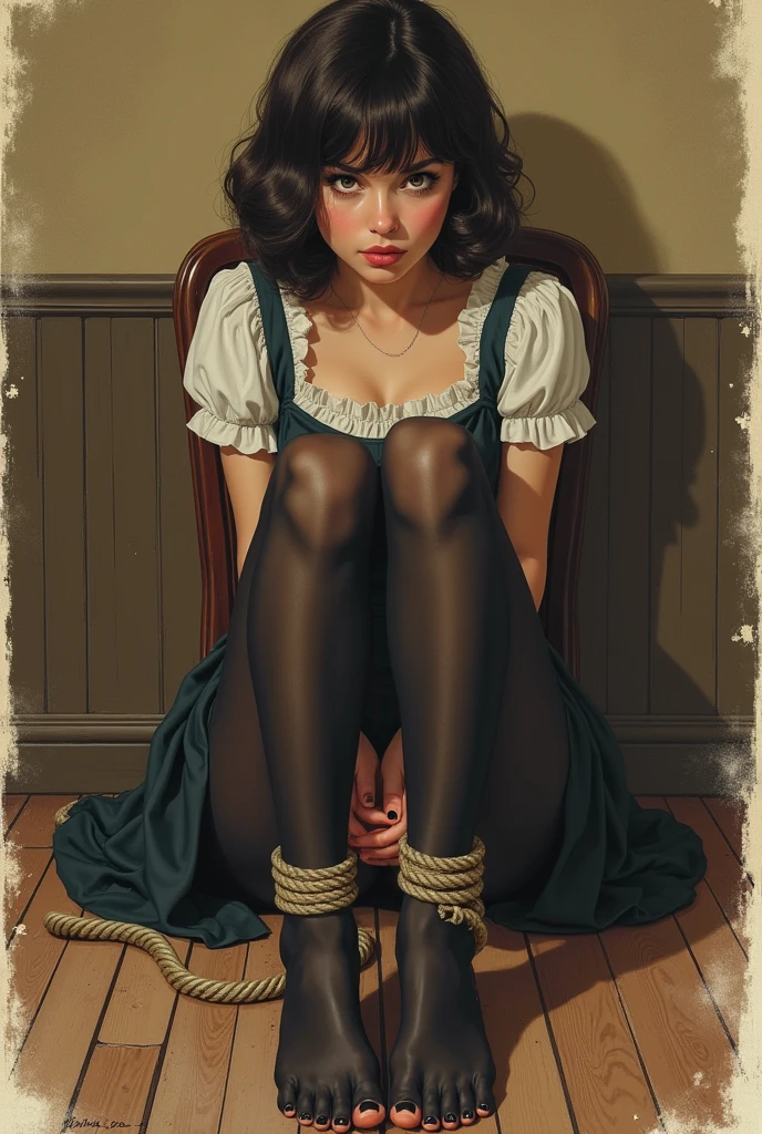 Create a retro vintage waitress with dark brown hair and bangs, with dark brown eyes, black pantyhose (((5 toes , girl kidnapped,black toes nails,legs together, feet together, ankles tied together with ropes around both ankles, restrained hands with ropes on back,Focus full body, Sit tied on a chair, with no shoes, perfect feet, girl tied in bondage))),old style drawing 50s retro vintage