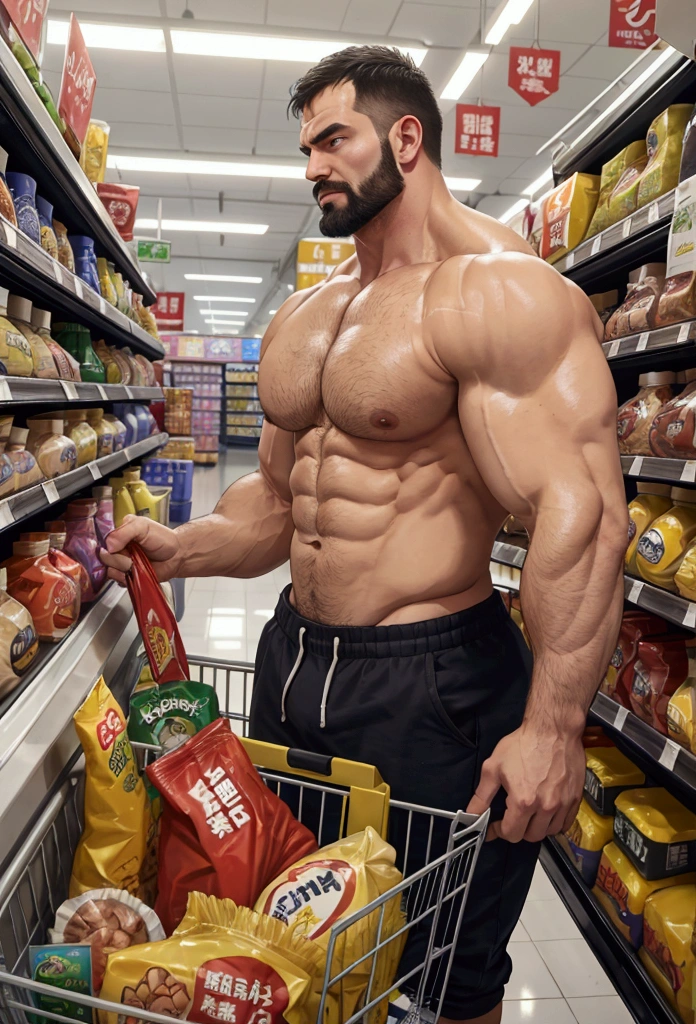 A short-haired, big-bodied macho man shopping at a supermarket、Perfect Eyes、Perfect body、Highest quality