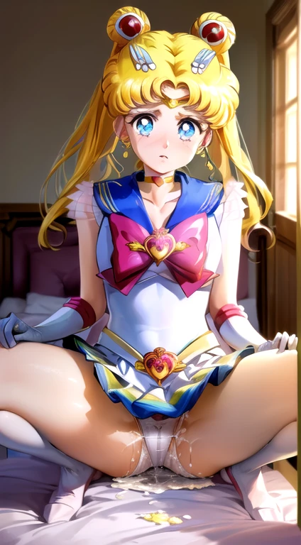 ((((Angle view from under the skirt, ))),masterpiece, Highest quality, (1 person), (Sailor Moon R),(Super Sailor Moon Uniform), (Blonde).(Detailed face), Small breasts,Face Focus, White wall, (bed), Bright room, Very embarrassed look, White gloves, Detailed eyes, Detailed face, (Love hotel room), Highest quality, High resolution, (Fine and beautiful eyes: 1.3), highly Detailed face, Detailed CG, (Perfect hands, Perfect Anatomy: 1.3),(Short skirt), (Inverted skirt 1.3), (Detailed Panties 1.3), Scattered tissues,Semen everywhere, (White cotton panties: 1.3), (Tears in my eyes),(Ruffled panties: 1.3),(Panties soaked with love juice: 1.3), (Squat: 1.3), (Spread your legs: 1.3),(Long ponytail)