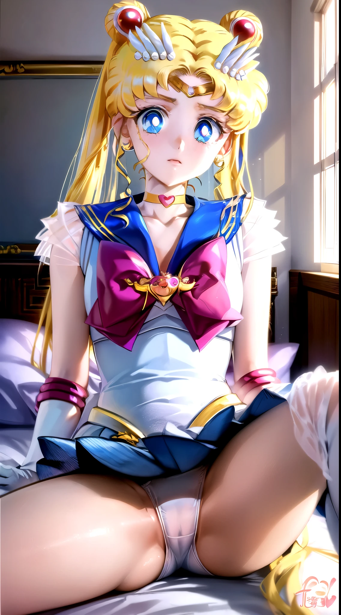 ((((Angle view from under the skirt, ))),masterpiece, Highest quality, (1 person), (Sailor Moon R),(Super Sailor Moon Uniform), (Blonde).(Detailed face), Small breasts,Face Focus, White wall, (bed), Bright room, Very embarrassed look, White gloves, Detailed eyes, Detailed face, (Love hotel room), Highest quality, High resolution, (Fine and beautiful eyes: 1.3), highly Detailed face, Detailed CG, (Perfect hands, Perfect Anatomy),(Short skirt), (Inverted skirt 1.3), (Detailed Panties 1.3), bed, (White cotton panties: 1.3), (Frilled Panties: 1.3),(Panties soaked with love juice), (Squat: 1.3), (Spread your legs: 1.3),(Long ponytail)