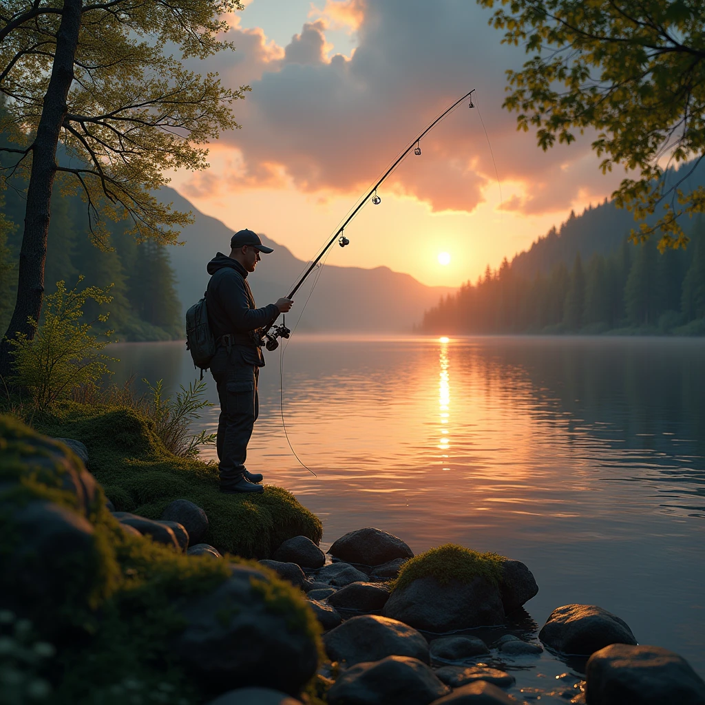 a man fishing by a lake, ultra detailed, photorealistic, dramatic lighting, beautiful sunset sky, detailed water reflections, mossy rocks, lush green foliage, detailed fishing equipment, exceptional depth of field