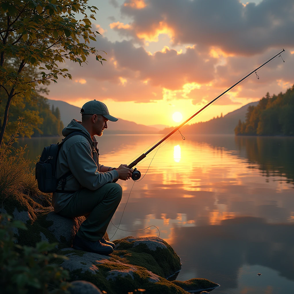 a man fishing by a lake, ultra detailed, photorealistic, dramatic lighting, beautiful sunset sky, detailed water reflections, mossy rocks, lush green foliage, detailed fishing equipment, exceptional depth of field