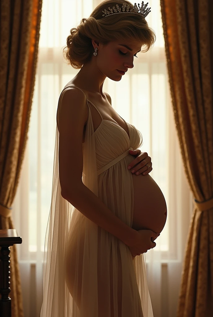 A stunning portrait of Princess Diana, She is pregnant, holding her belly, young and beautiful, hyper realistic, real portrait, backlit, exquisite features, cleavage, sexy, seductive, window, natural light, soft light, tiara