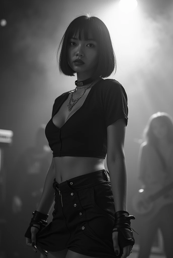 Black and white photography、Live footage、Asian woman with short bob、band、skirt、Beautiful Face、Punk Rock、Large Breasts、Satomi Ishihara、Cleavage、Stage Lighting、smoke、mist、Alice Hirose、
