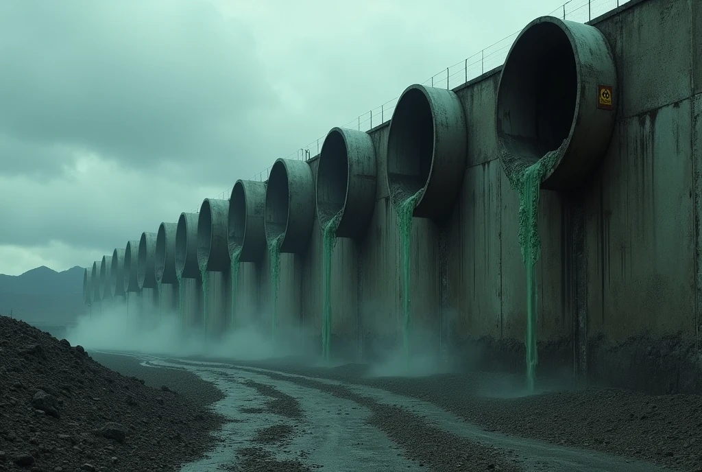 make a giant dark concrete wall 200 meters high and have ten round pipes with 15 meter diameter openings coming out of it, the pipes are too high on the top of the wall, the wall is over a 300 meter high canyon, the pipes are huge dark and abandoned, leaking radioactive fluorescent green water, has a rusty plate with the radiation symbol, has a torn and damaged chain link fence, alien structure with cloudy and stormy sky, dark rocky soil, steam coming out of the pipes