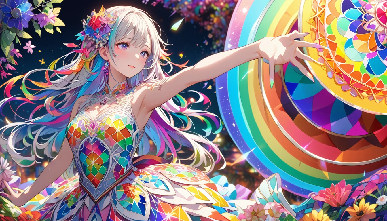 **321. One person。Kaleidoscope Personification。A kaleidoscope that reflects beautiful patterns。Cowboy shot or close-up。
masterpiece, best quality, ultra detailed (Detailed fingers), (Emotional), (Breathtakingly beautiful),
(main part: 1.2 Whole body。), (Anime Style), (Very detailed), (Kaleidoscope Personification),
(超High resolution, High resolution), (8k), (High resolution: 1.2), (Complex and beautiful: 1.2)**
- background: A window where light shines in、colorfulな模様が映し出される風景。
- Personification: Young woman, around 1、Wearing a dress that resembles a colorful kaleidoscope pattern。
-pose: Looking into the kaleidoscope、Enjoying the changing patterns。
-expression: Create curiosity and wonder、A happy look。
- Effects: Patterns moving in a kaleidoscope、The light is々Color changing effect。
-color: colorful、A color that symbolizes the rainbow's many colors。