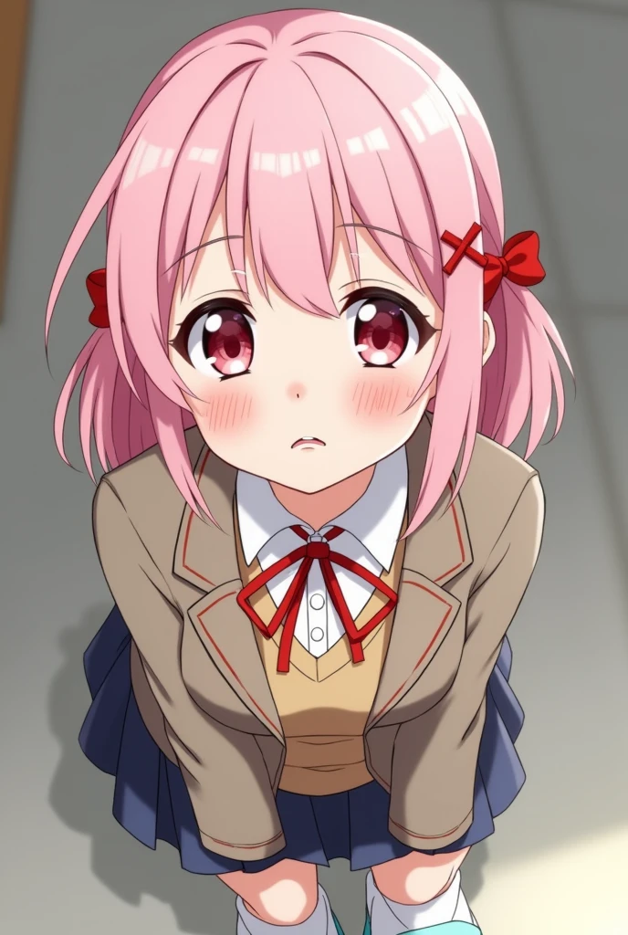 Anime Shy blushing 1 girl because She wanna tell you (you are cute lesbian girl to her that she love) She is a futa.
Natsuki from Doki Doki Literature Club has straight pastel pink hair, cut around chin length, and pink eyes. Her bangs are swept to the right, having two prominent strands of hair beside them. Her accessories consist of a red Japanese-style crossed hair clip, as well as two red ribbons tying two small ponytails on either side of her head, with the rest of her hair left down. Her canine teeth are longer than the rest of her teeth, making them visible when she opens her mouth wide enough. She wears the standard issue female school uniform consisting of a warm gray blazer fully buttoned and untucked, brown sweater vest, white shirt fully buttoned and tucked, red ribbon, dark blue pleated skirt, white knee-high socks and white uwabaki slippers with sky blue tips.