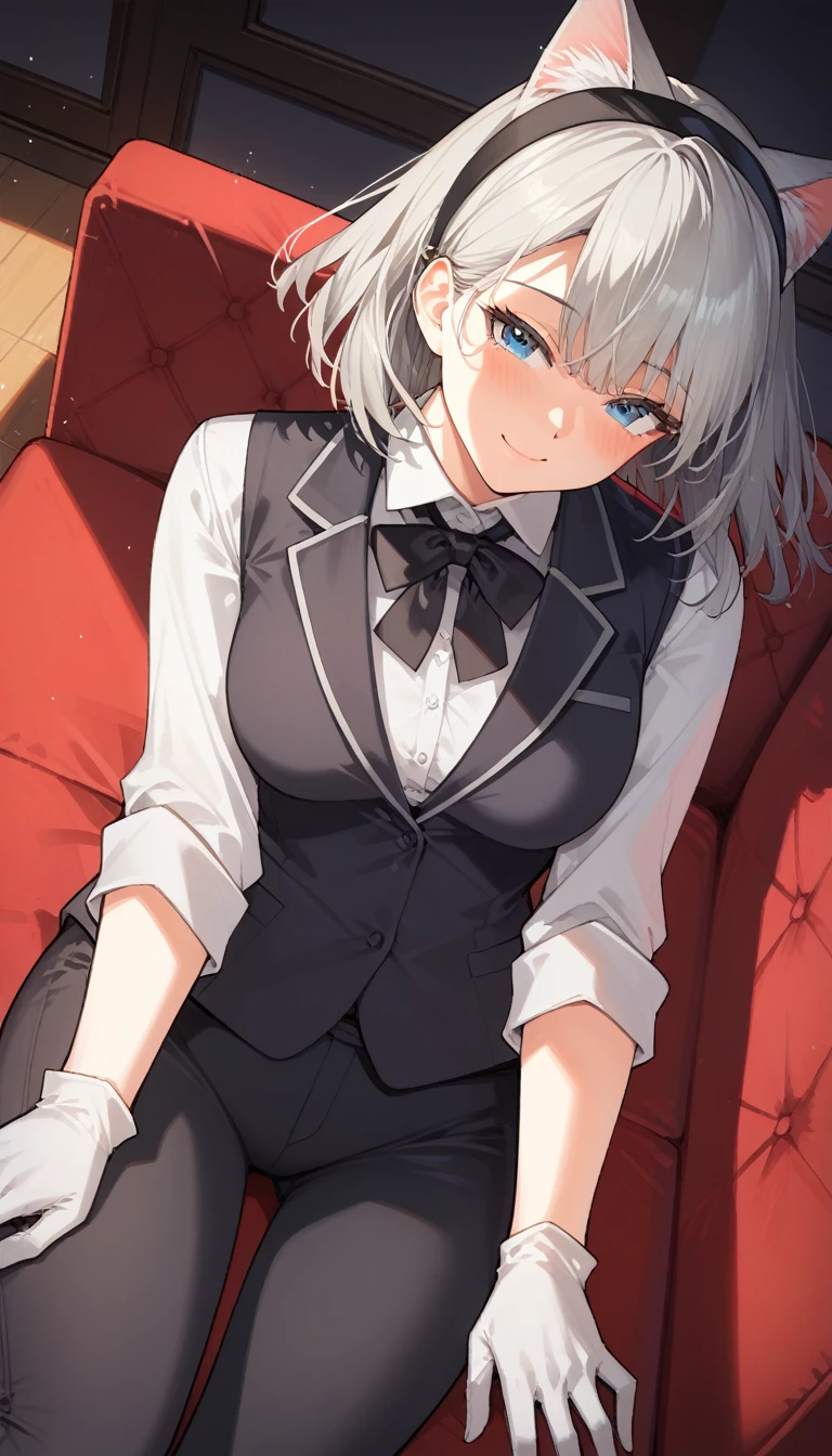 score_9, score_8_up, score_7_up, source_anime, best quality, amazing quality, very aesthetic, 1girl, blue eyes, room, wariza, medium hair, pixie bob haircut, grey hair, portrait, blazer, starshadowmagician, solo, Adult woman, best perfect anatomy, thin, curvy body, medium breasts, close up shot on person, a woman showing happy, smile, blush, high angle shots from below, looking at viewer, (lying down, hand between her legs), mature woman laying prone on sofa, wear cat ear headband, wear a white surgical mask, white shirt, black tie, format black vest, Long-sleeved shirt, white format gloves, black trousers, dynamic angle. perfect dynamic composition, foreshortening, night days, volumetric lighting, dark hotel sitting room background,