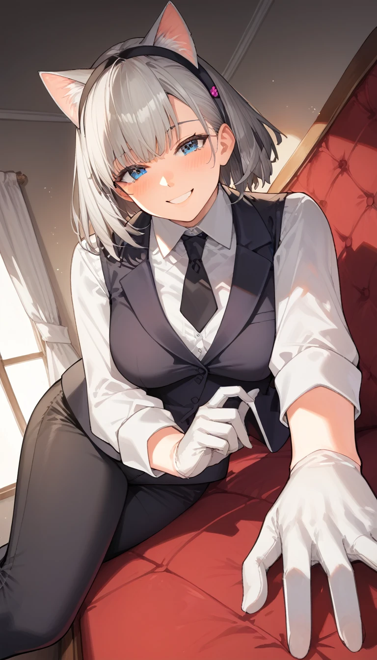 score_9, score_8_up, score_7_up, source_anime, best quality, amazing quality, very aesthetic, 1girl, blue eyes, room, wariza, medium hair, pixie bob haircut, grey hair, portrait, blazer, starshadowmagician, solo, Adult woman, best perfect anatomy, thin, curvy body, medium breasts, close up shot on person, a woman showing happy, smile, blush, high angle shots from below, looking at viewer, (lying down, hand between her legs), mature woman laying prone on sofa, wear cat ear headband, wear a white surgical mask, white shirt, black tie, format black vest, Long-sleeved shirt, white format gloves, black trousers, dynamic angle. perfect dynamic composition, foreshortening, night days, volumetric lighting, dark hotel sitting room background,