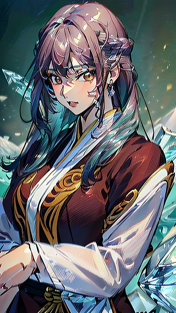 (((masterpiece, High resolution, accurate, Anatomically correct, most high quality, Very detailed, high quality, Ultra high definition:1.5))), Big Tits, Earrings, Sparkling eyes, moving line, Speed Line, mage,sexy pose,(((upper body,one woman,master of ice,氷の城 :1.5))),smile,Different world,another world