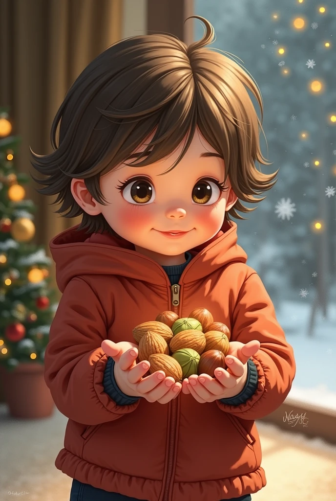 Nuts in the hands of a child, picture as an illustration picture for a holiday