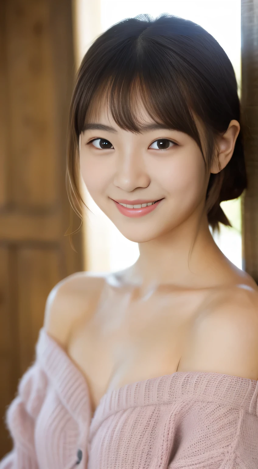 masterpiece,best quality,(Japanese girl),((Beautiful girl)),cleavage,(off shoulder:1.2),(perfect body beauty:1.2),(shy smile),From slightly above