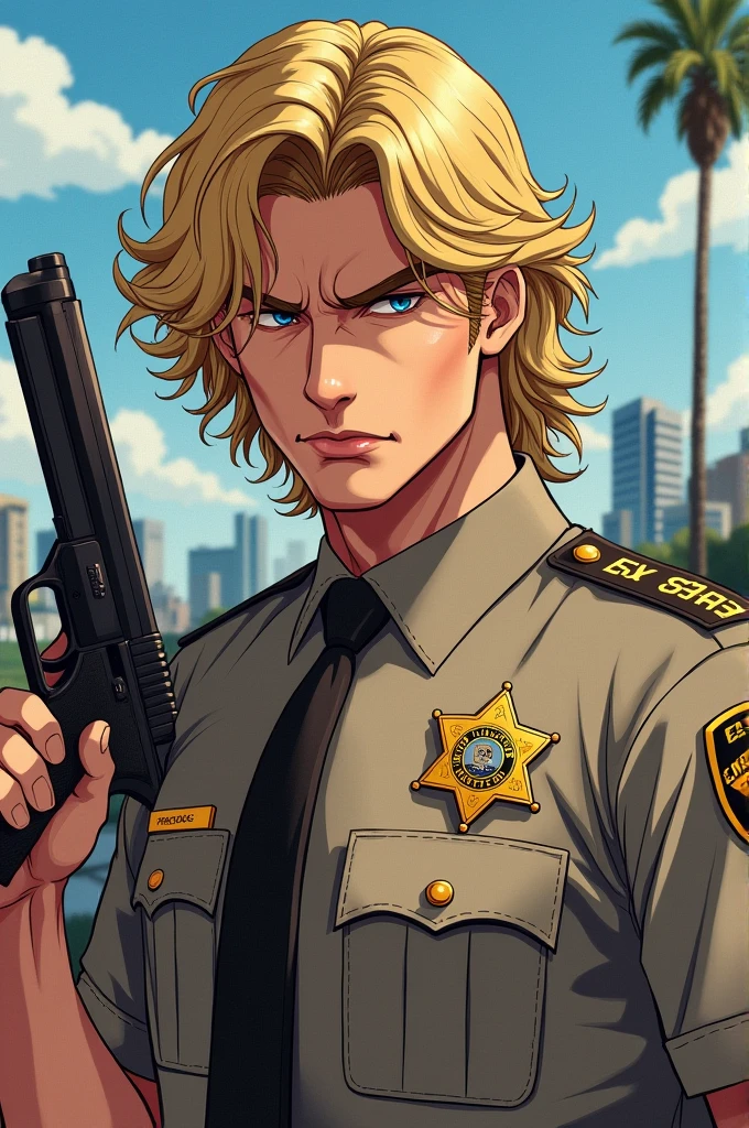 los angeles sheriff, "white" blonde curly hair, anime style drawing (man with serious face) uses a gun