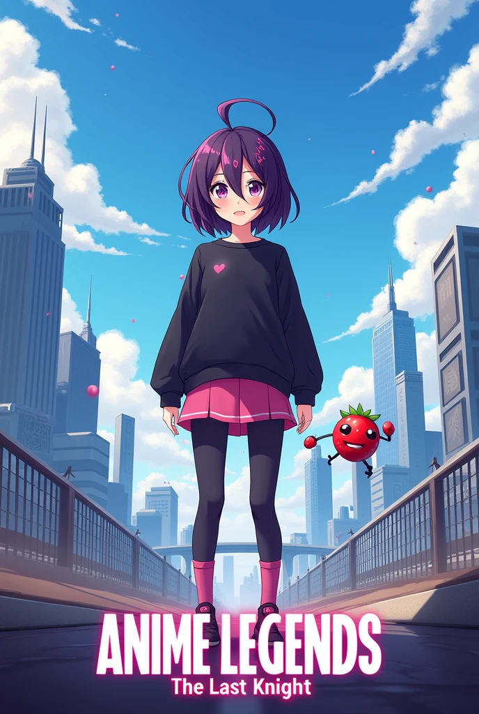 poster a anime girl with dark purple hair and two pink streaks on her bangs, wearing a black sweatshirt, a short pink skirt and black leggings, pink socks and black shoes is standing against the background of a futuristic city, a small strawberry-shaped robot is flying next to her, I find the inscription " Anime Legends: The Last Knight