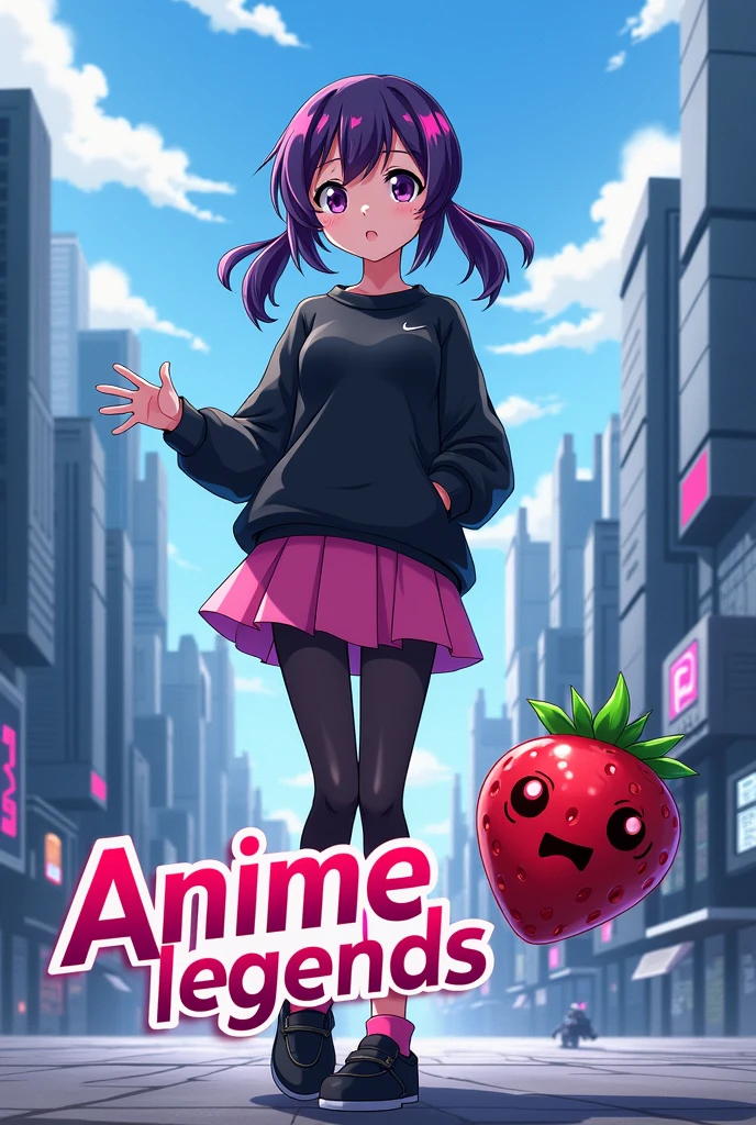  poster  a anime girl with dark purple hair and two pink streaks on her bangs, wearing a black sweatshirt, a short pink skirt and black leggings, pink socks and black shoes is standing against the background of a futuristic city, a small strawberry-shaped robot is flying next to her, I find the inscription " Anime Legends: The Last Knight