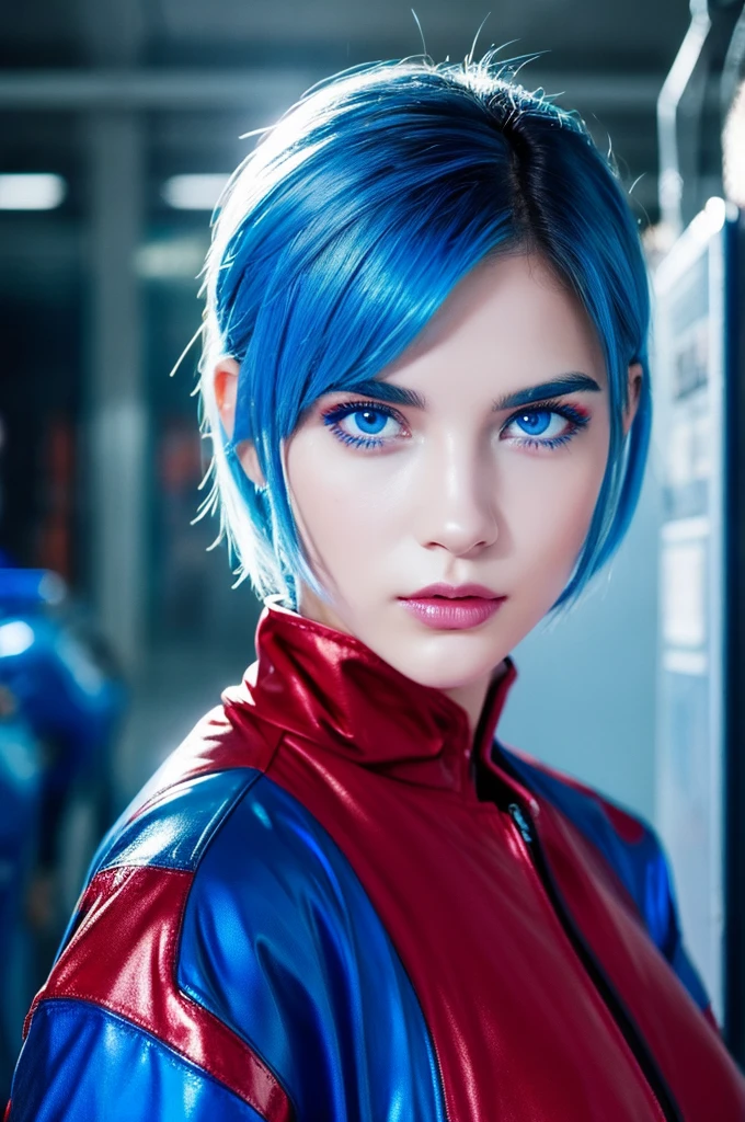 Real Women、Face Barbara Palvin、Blue hair、Blue eyes、Shorthair、Red jacket、World of Cyberpunk、