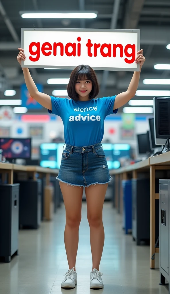 A BEAUTIFUL THAI GIRL WITH SHORT HAIR, WEARING A BLUE T-SHIRT WITH THE WORD "ADVICE" PRINTED ON IT, WEARING A SKIRT OF SHORT JEANS, AND WEARING WHITE SNEAKERS ((STANDING WITH A LARGE SIGN ABOVE HER HEAD WITH THE WORD "GENAI TRANG"))) IN A COMPUTER STORE. Tablet, (((Full body)))., Proportional, massive breasts