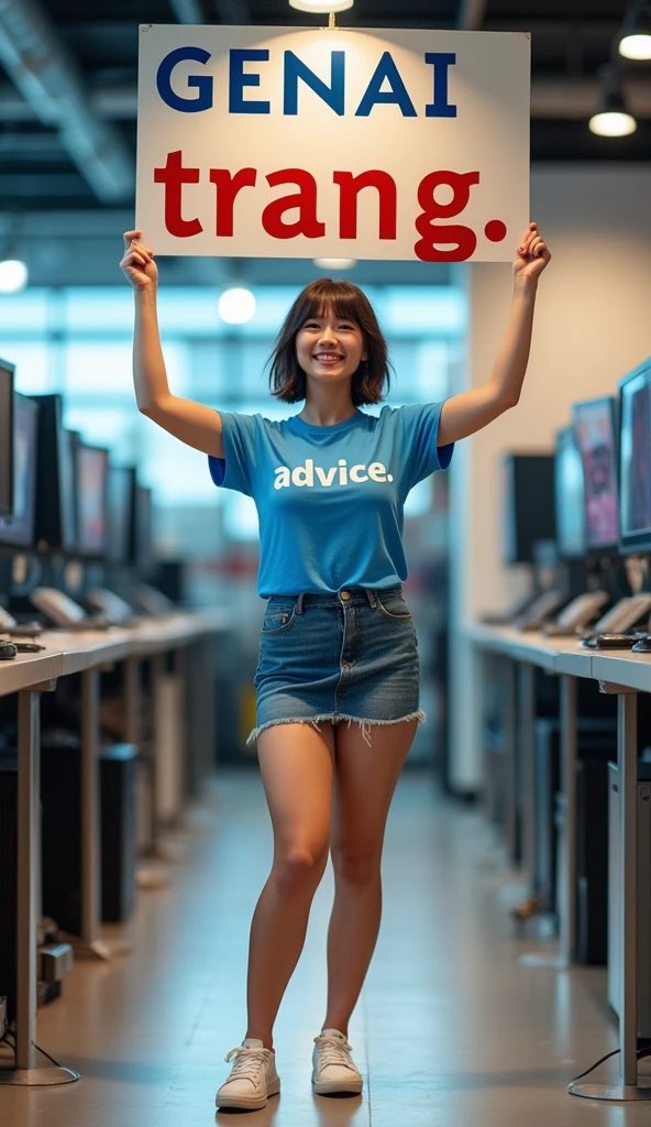 A BEAUTIFUL THAI GIRL WITH SHORT HAIR, WEARING A BLUE T-SHIRT WITH THE WORD "ADVICE" PRINTED ON IT, WEARING A SKIRT OF SHORT JEANS, AND WEARING WHITE SNEAKERS ((STANDING WITH A LARGE SIGN ABOVE HER HEAD WITH THE WORD "GENAI TRANG"))) IN A COMPUTER STORE. Tablet, (((Full body)))., Proportional, massive breasts