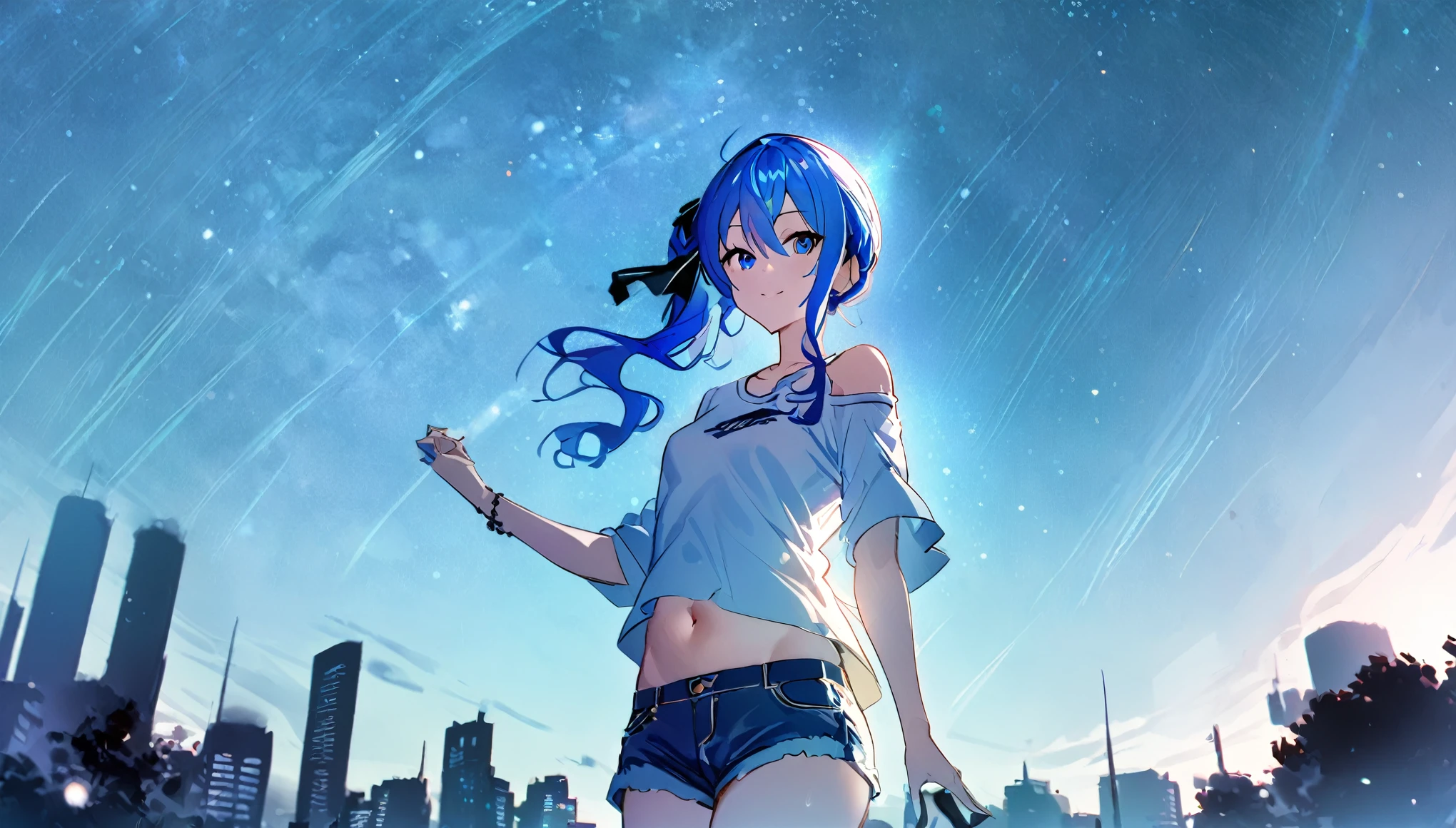 (8k、Best image quality、highest quality、masterpiece)、Detailed face、 1girl、Blue Hair、Long Hair、sideponytail、dark_blue_eyes、smile,(navel:0.6),Moderate_torso、small_breasts,((White T-shirt))、Off the shoulder、Black shoulder straps、(open_front_denim_short_shorts:1.2)、Shoot from below、City Background, starry_sky_landscape ,hoshimachi suisei, slender,(covered_nipples:0.3), (belly button:1.2),nihil,solo,stargaze,girl_looking_up_sky,(abs:0.6),(cherryblossom_background:0.5),thighs