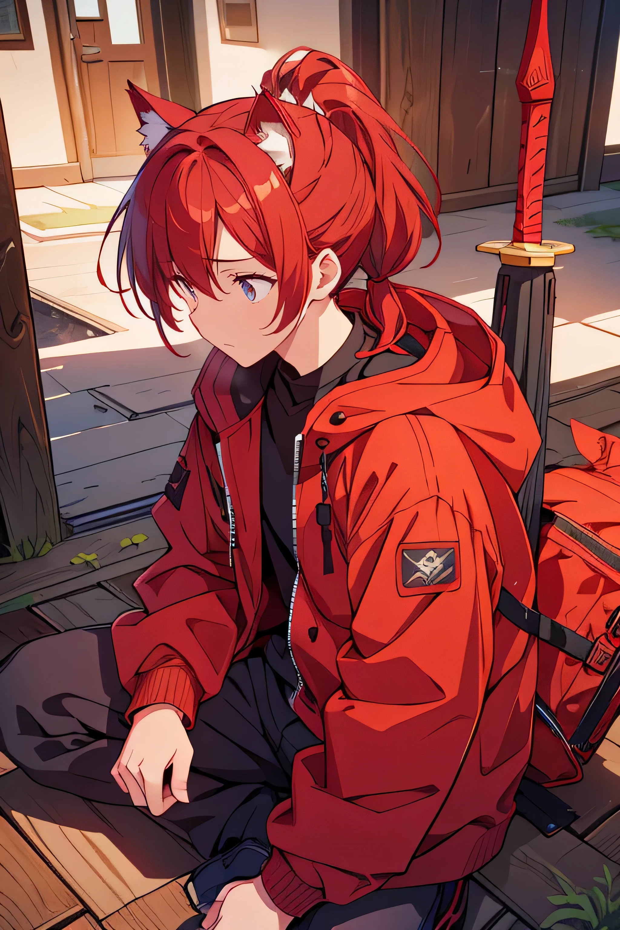 A high school boy with wolf ears, red hair in a ponytail, wearing a red open parka, holding a sword, looking down with sad eyes, with his whole body in the picture.