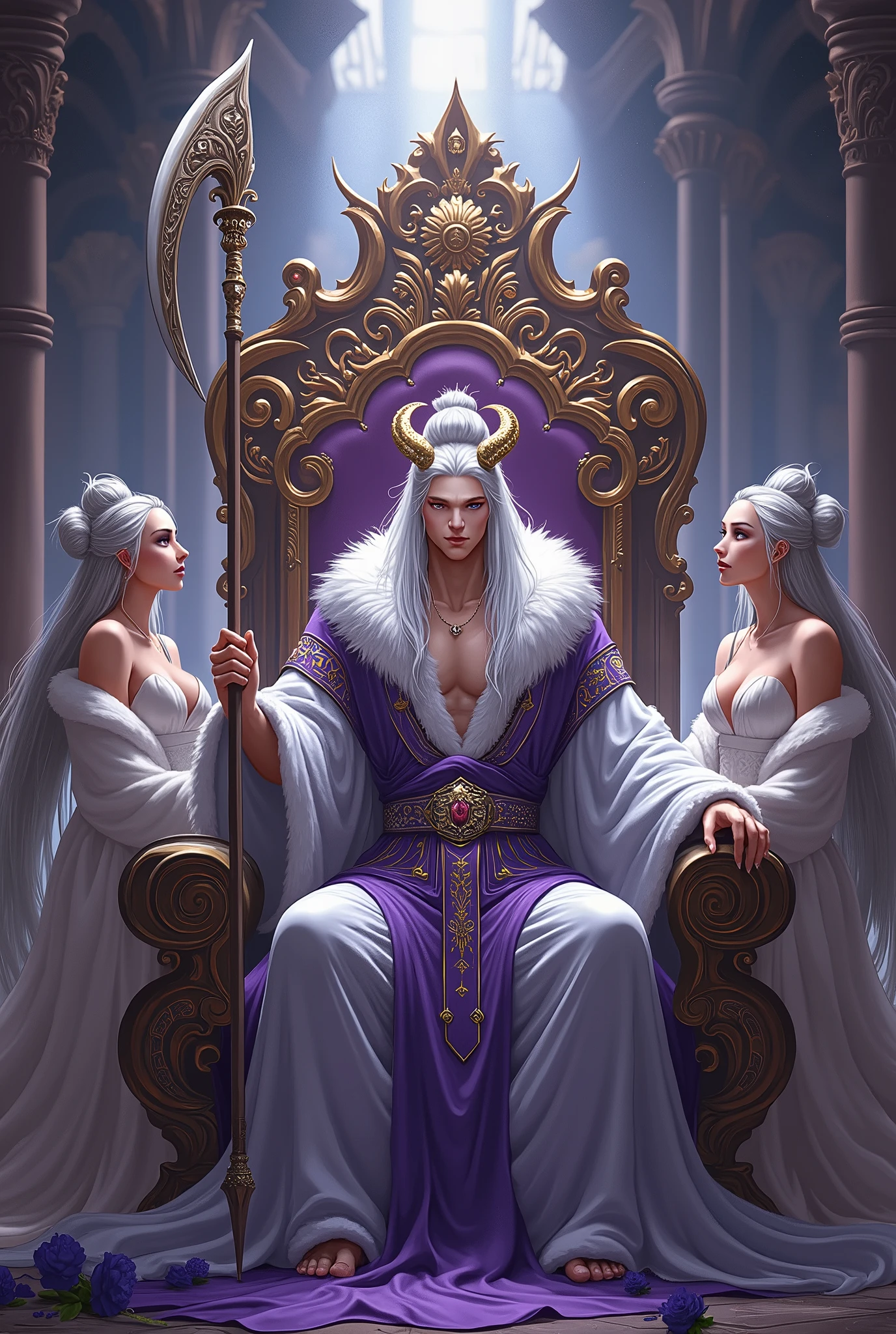 Handsome young man between 18 and  ,long silver hair tied in a bun with amethyst eyes wearing a beautiful outfit made from white bear fur, tigers, a crown of horns above his head slightly resembling the sun, surrounded by beautiful concubines. Sitting on a throne with a spear over his shoulder that has a curved scythe below the tip