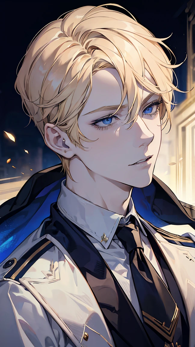 a handsome young man with blonde hair and blue eyes, wearing an academy uniform, detailed facial features, dynamic pose, realistic lighting, cinematic composition, rich color palette, highly detailed, photorealistic, masterpiece, muscular, full body
