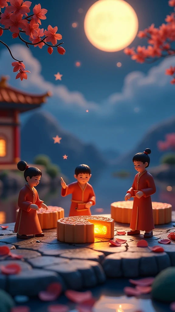 (3D art, 3D style), a captivating night scene filled with tranquility, dotted with stars, (Mid-Autumn Festival: 1.5), macro lens, desktop, Mid-Autumn Festival, miniature mooncakes, tiny figures, osmanthus tree, figures sawing mooncakes, transporting mooncakes, half a mooncake with molten filling, the moon hanging in the sky, osmanthus petals scattered on the desktop, colorful mountains and rivers, winding rivers, small boats, a small path on the mountain, little houses, (aesthetic and aesthetics: 1.2), solid color background, miniature photography, Chinese ancient architecture landscape, Chinese landscape painting, creamy organic fluid, theme, (C4D, OC render), natural light, jungle, river, waterfall, a small pavilion on the mountain, the silver moon gently illuminating them, the sky unfolds like velvet soaked in ink, dotted with countless twinkling stars, these stars look like celestial gems scattered on the vast canvas of the universe, the air around them is fresh, filled with tranquility, bursting with the quiet intimacy of the time they share, the environment around them bathed in the soft glow of the stars and the moon, providing just enough light to illuminate their faces and the intricate details around them, creating a dreamy, almost surreal atmosphere, ((((8k, vibrant colors, bright, ultra-high saturation, RGB colors, kaleidoscopic)))) , (High contrast: 1.5), (full body: 1.8), magazine photography, popular on social media, ((dopaminism)), (((dopamine color scheme))), Dopamine, (in the style of Y2K), Raoul Pure, three-dimensional ancient style, Eastern poetic painting.