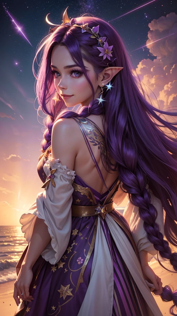 One person, High resolution, Sparkle Effect, High-resolution model, Colorful Hair, Hair blowing in the wind, Two braids hanging down on either side, Large Breasts, Crystal Earrings, Long pointed ears, smile, Purple eyes, Heavy makeup, Hair Flower, Star Hair Accessories, Cinematic light effects, 8k octane, Back view,