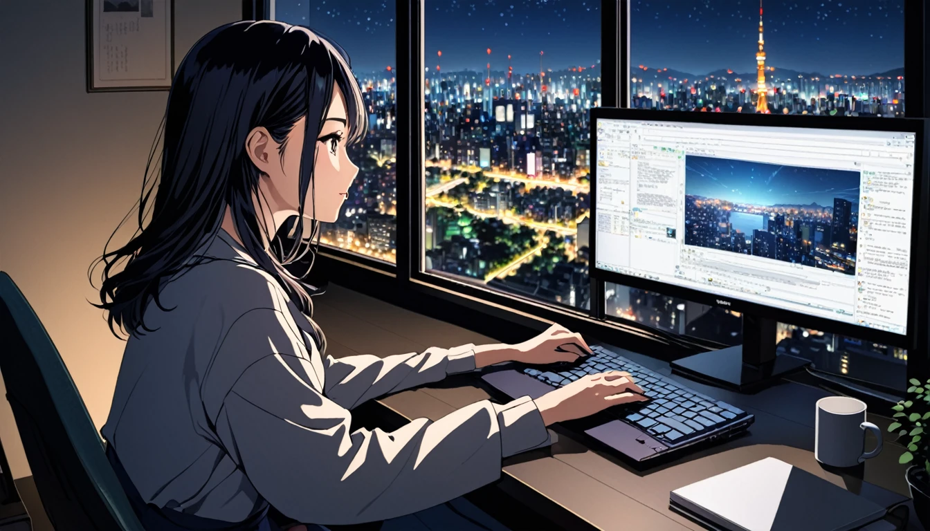 Beautiful Japanese woman in her 20s, working on a computer at a window seat, night city outside the window, horizontal screen size,