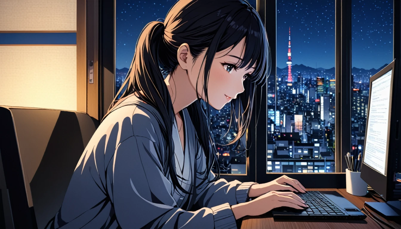 Beautiful Japanese woman in her 20s, working on a computer at a window seat, night city outside the window, horizontal screen size,