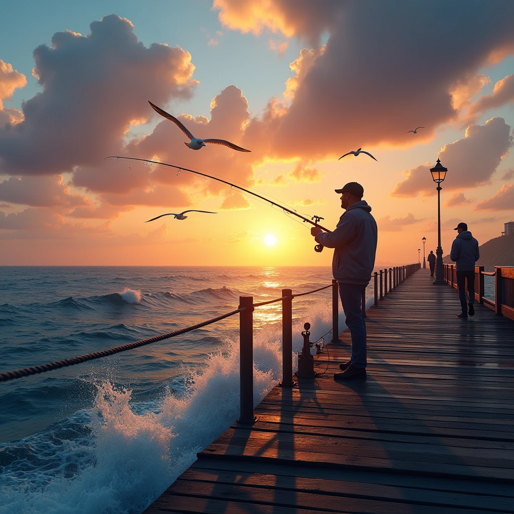 a fishing scene, fisherman fishing from a pier, beautiful ocean landscape, sunset colors, dramatic sky, detailed waves, seagulls flying, detailed fishing equipment, realistic water reflections, vibrant colors, photorealistic, (best quality,4k,8k,highres,masterpiece:1.2),ultra-detailed,(realistic,photorealistic,photo-realistic:1.37)