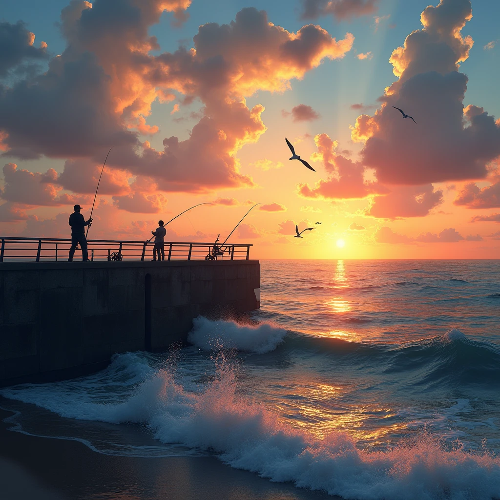 a fishing scene, fisherman fishing from a pier, beautiful ocean landscape, sunset colors, dramatic sky, detailed waves, seagulls flying, detailed fishing equipment, realistic water reflections, vibrant colors, photorealistic, (best quality,4k,8k,highres,masterpiece:1.2),ultra-detailed,(realistic,photorealistic,photo-realistic:1.37)