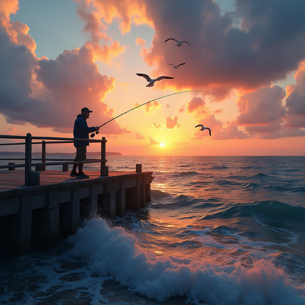 a fishing scene, fisherman fishing from a pier, beautiful ocean landscape, sunset colors, dramatic sky, detailed waves, seagulls flying, detailed fishing equipment, realistic water reflections, vibrant colors, photorealistic, (best quality,4k,8k,highres,masterpiece:1.2),ultra-detailed,(realistic,photorealistic,photo-realistic:1.37)