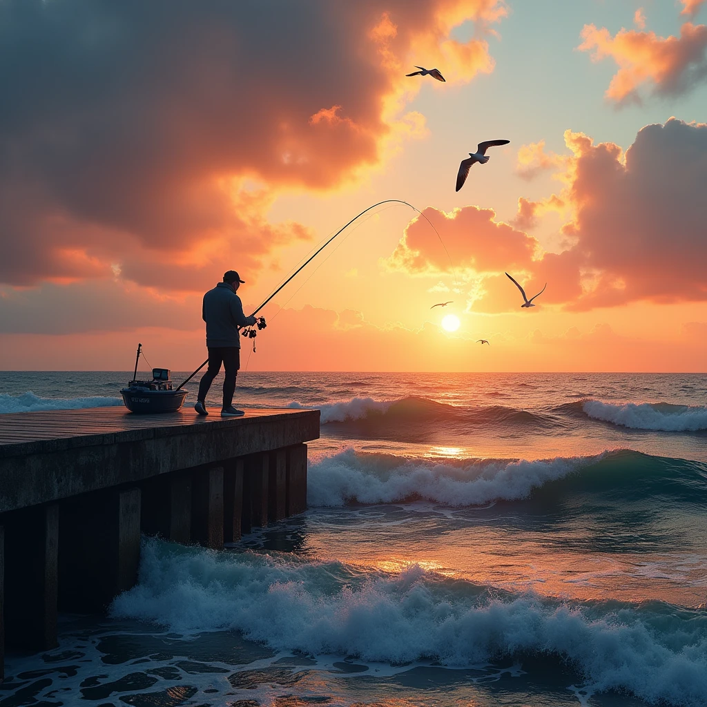 a fishing scene, fisherman fishing from a pier, beautiful ocean landscape, sunset colors, dramatic sky, detailed waves, seagulls flying, detailed fishing equipment, realistic water reflections, vibrant colors, photorealistic, (best quality,4k,8k,highres,masterpiece:1.2),ultra-detailed,(realistic,photorealistic,photo-realistic:1.37)