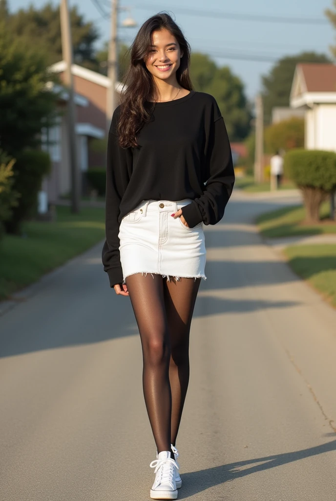 a beutiful teenanger, show entire body, shoes in view, white small skinni jeans skirts, black sheer pantyhose, wearing black long sleeve mesh top, white converse sneaker, sunny day, smilling, staying in neighboorhood, aerial photography, 20 years old, realistiv