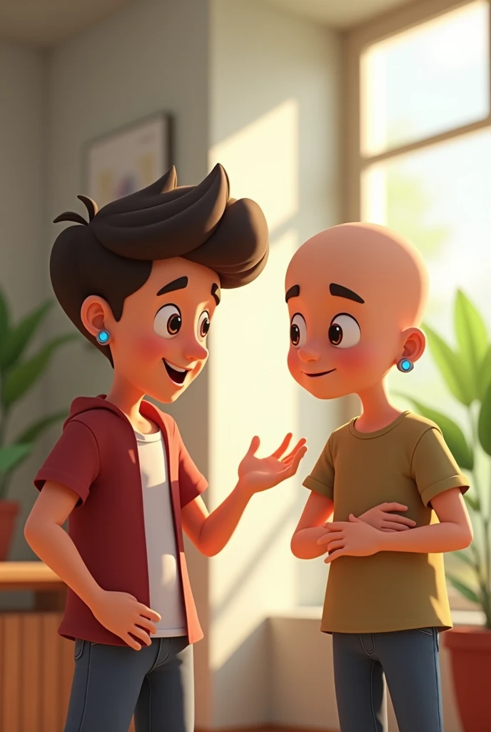Simple animation of a white boy, bald guy with earrings making a script for videos on Tik Tok