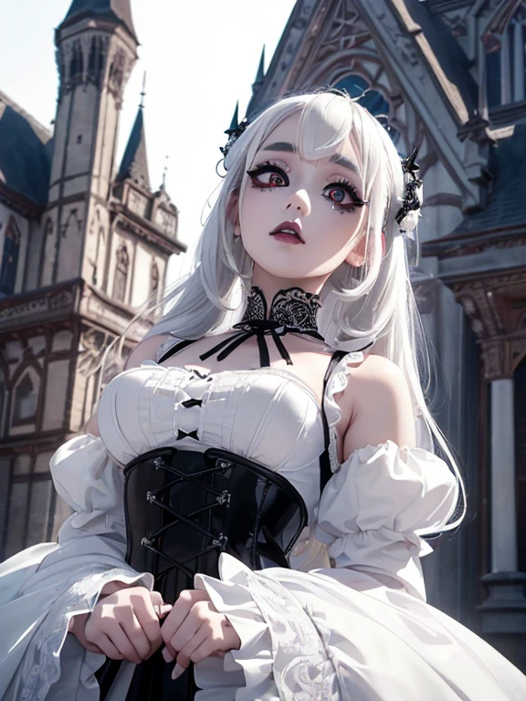 (1 girl 1.3) (extremely detailed 1.3) (anatomically correct, High precision, realistic skin) (RAW photo, Super detailed, advanced details, intricate details,), (Lighting: Face lighting, Ray tracing, reflective light, Structurally correct) ((Background: Gothic house, candlelight 1.3)) (Subject: beautiful Asian woman with White hair in White curls and coils) (wearing: glamorous detailed embroidered white gothic Lolita dress, white corset, white, neck wrists and fingers, ((beautiful big eyes looking up at the viewer, black shiny lipstick, perfect Asian goth cyber makeup))