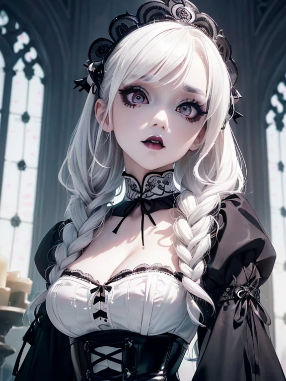 (1 girl 1.3) (extremely detailed 1.3) (anatomically correct, High precision, realistic skin) (RAW photo, Super detailed, advanced details, intricate details,), (Lighting: Face lighting, Ray tracing, reflective light, Structurally correct) ((Background: Gothic house, candlelight 1.3)) (Subject: beautiful Asian woman with White hair in White curls and coils) (wearing: glamorous detailed embroidered white gothic dress, white corset, white, neck wrists and fingers, ((beautiful big eyes looking up at the viewer, black shiny lipstick, perfect Asian goth cyber makeup))