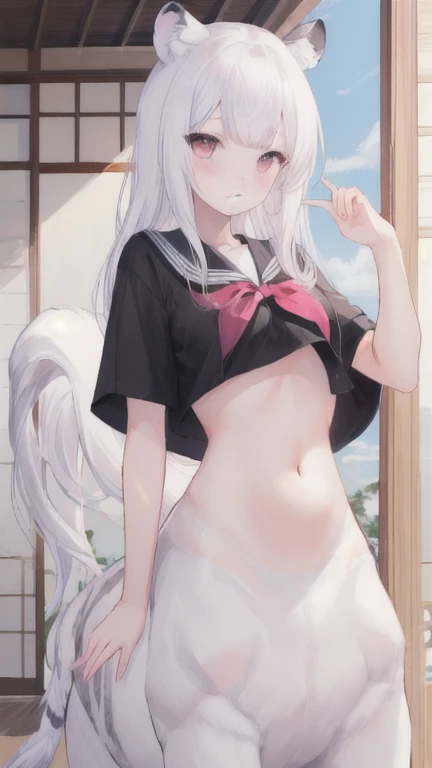 (best quality, masterpiece), 1 girl, centaur, I beg, White skin, Japanese schoolgirl,daughter,black pink, exposing the abdomen, belly button t-shirt , beautiful girl perfect, White tiger photo, 완벽한 White tiger photo