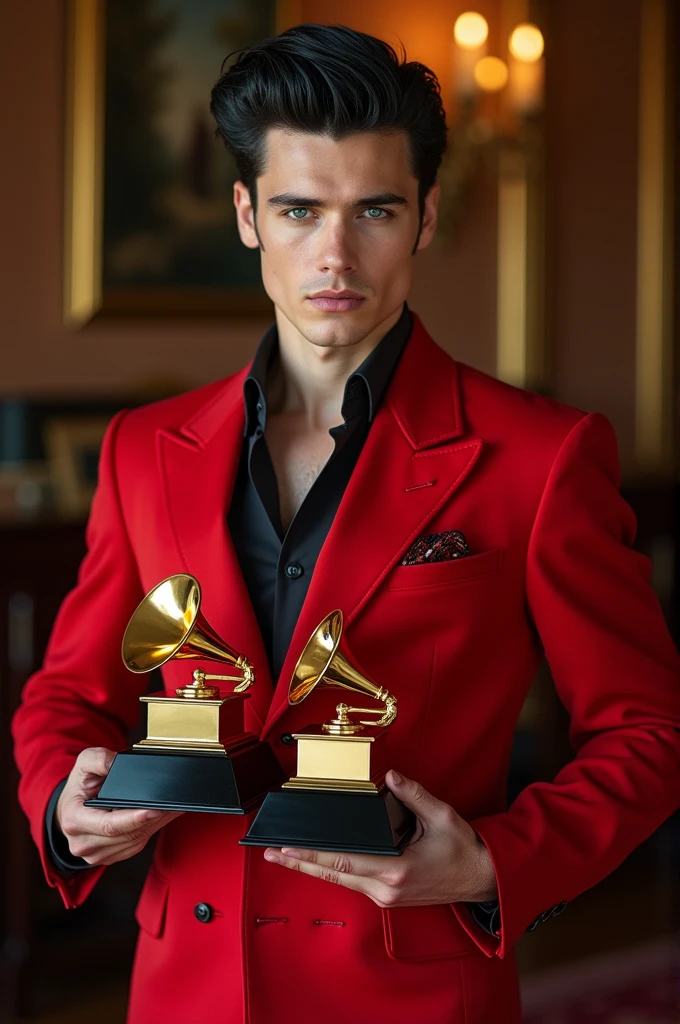 The image of a white man, Youngh, bonitas, blue-eyed, very black hair Elvis Presley style wearing a red outfit, estilo old money, looking like a king's clothes, no red carpet do Grammy awards, holding 10 Grammys awards, his name is Madrian. He is happy and feeling fulfilled.
Ele pousa com seus 10 Grammys awards para as fotos
